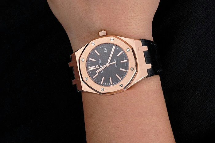 Audemars Piguet Royal Oak Black Dial Gold Case Black Leather Strap new121570