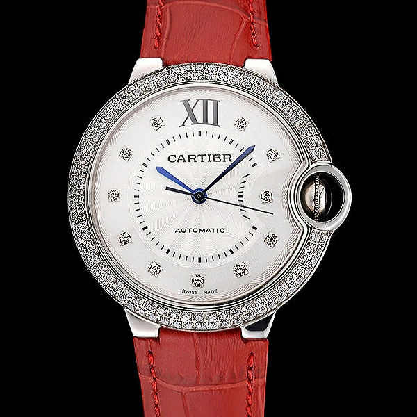 Ballon Blue de Cartier Diamond Steel Case Diamond Dial Red Leather Bracelet new60534
