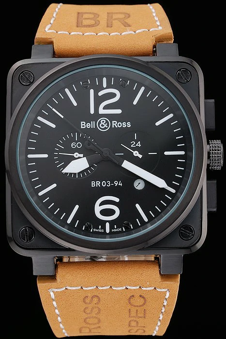 Bell and Ross BR 03 94 Black Dial Black Case Beige Leather Strap new121212