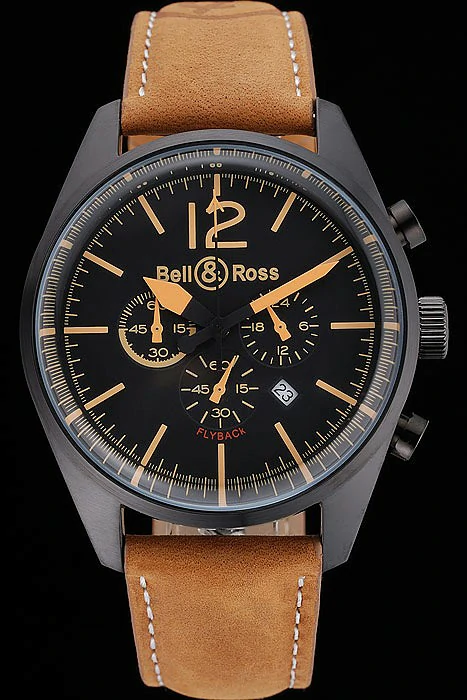 Bell and Ross BR126 Flyback Black Dial Black Case Gold Numerals Brown Suede Leather Strap new121201