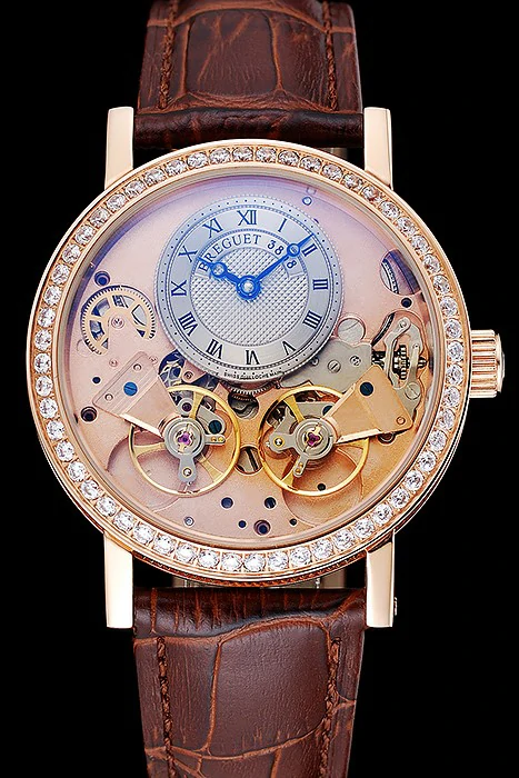 Breguet Tradition Silver Dial Gold Diamond Case Brown Leather Bracelet new124882
