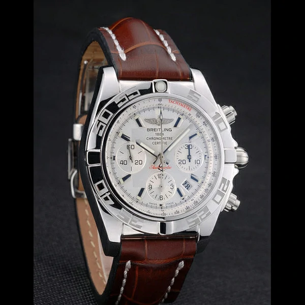 Breitling Certifie Stainless Steel Bezel Brown Croco Leather Bracelet White Dial new59231