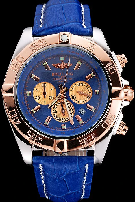 Breitling Chronomat Blue Dial Rose Gold Bezel And Subdials Stainless Steel Case Blue Leather Strap new121341