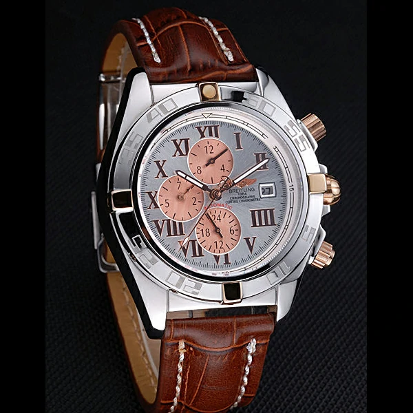 Breitling Chronomat Rose Gold Highlight Brown Leather Strap Roman Number White Dial new58059