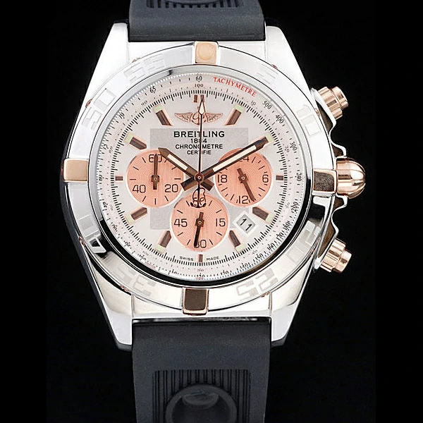 Breitling Chronomat Rose Gold Highlight Ribbed Black Rubber Strap White Dial new58051