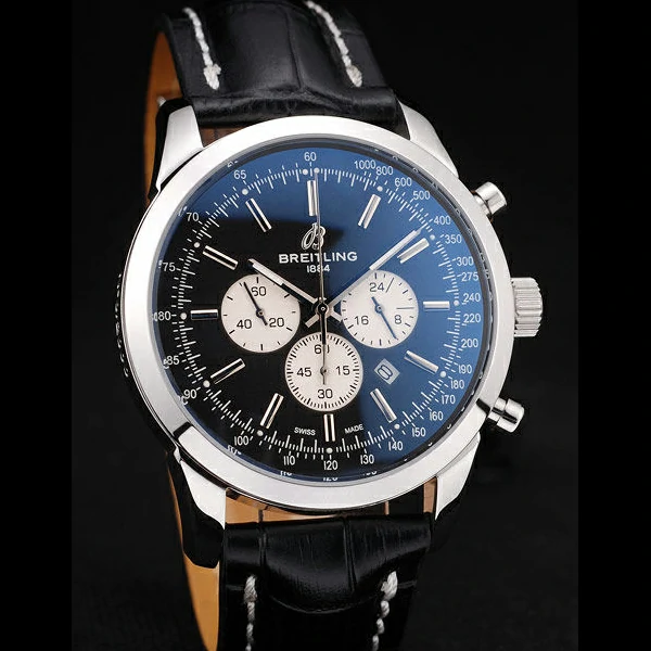 Breitling Transocean Black Dial Black Leather Strap Polished Stainless Steel Bezel new58569