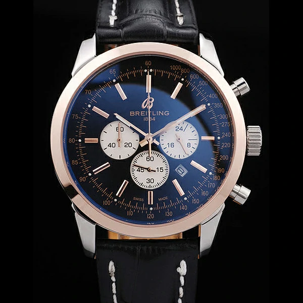 Breitling Transocean Black Dial Black Leather Strap Rose Gold Bezel new58568