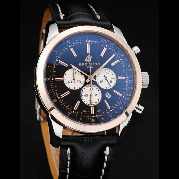 Breitling Transocean Black Dial Black Leather Strap Rose Gold Bezel new58568