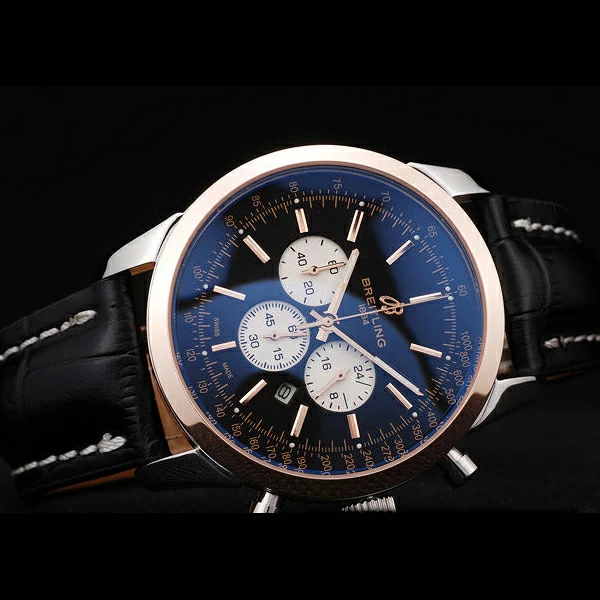 Breitling Transocean Black Dial Black Leather Strap Rose Gold Bezel new58568
