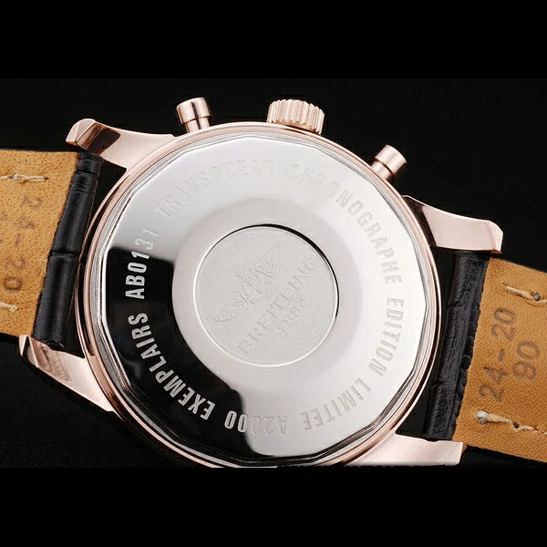 Breitling Transocean Black Dial Black Leather Strap Rose Gold Bezel new58570