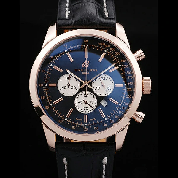 Breitling Transocean Black Dial Black Leather Strap Rose Gold Bezel new58570