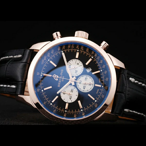 Breitling Transocean Black Dial Black Leather Strap Rose Gold Bezel new58570