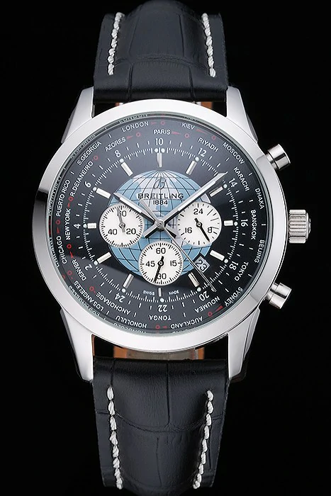 Breitling Transocean Chronograph Unitime Black Dial Stainless Steel Case Black Leather Bracelet new118764