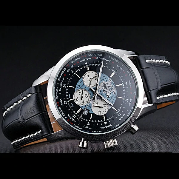 Breitling Transocean Chronograph Unitime Black Dial Stainless Steel Case Black Leather Bracelet new60138