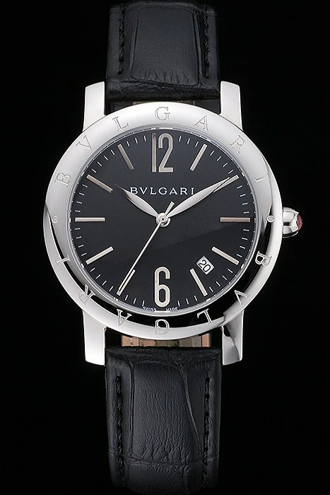 Bvlgari Black Dial Stainless Steel Case Black Leather Bracelet new119211