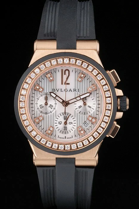 Bvlgari Diagono 36mm White Dial Gold Case With Diamonds Black Rubber Bracelet new56142