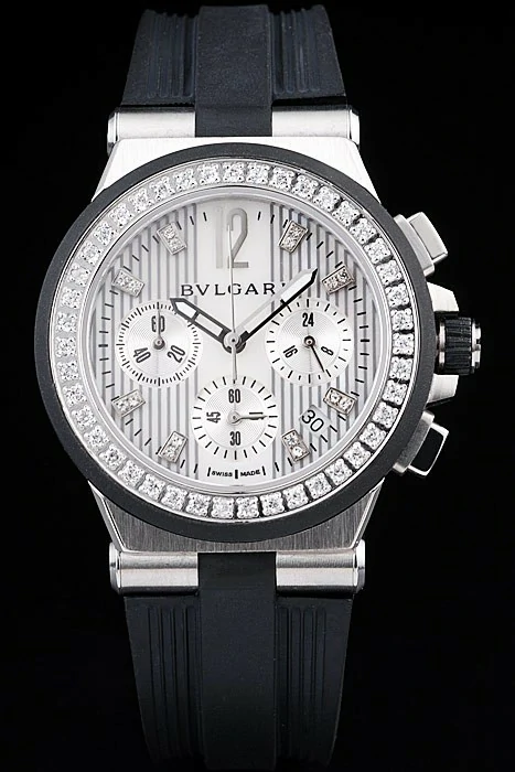 Bvlgari Diagono 36mm White Dial Stainless Steel Case With Diamonds Black Rubber Bracelet new56192