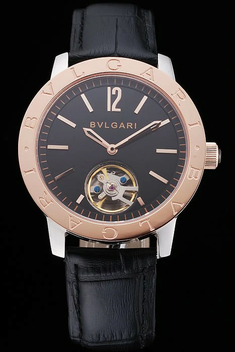 Bvlgari Tourbillon Black Dial Gold Case Black Leather Strap new121223