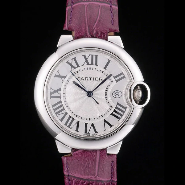 Cartier Ballon Bleu 38mm White Dial Stainless Steel Case Purple Leather Bracelet new59116