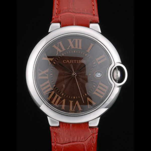 Cartier Ballon Bleu 42mm Brown Dial Stainless Steel Case Red Leather Bracelet new59111