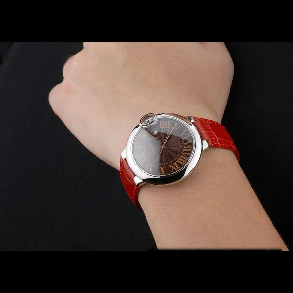 Cartier Ballon Bleu 42mm Brown Dial Stainless Steel Case Red Leather Bracelet new59111