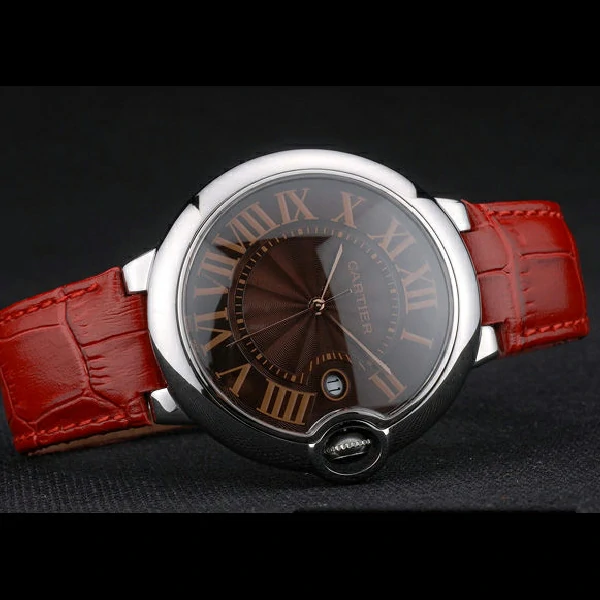 Cartier Ballon Bleu 42mm Brown Dial Stainless Steel Case Red Leather Bracelet new59111