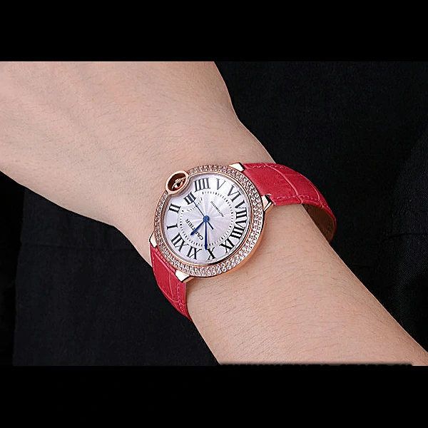 Cartier Ballon Bleu de Cartier White Dial Diamonds Case Pink Leather Bracelet new60442