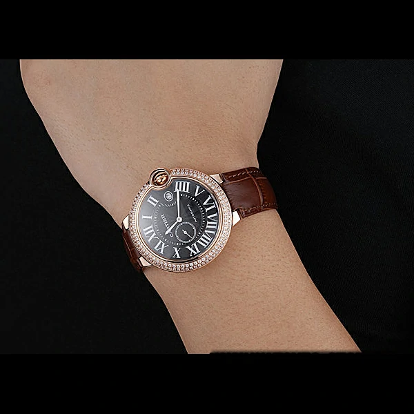 Cartier Ballon Bleu Diamond Case Black Dial Brown Leather Bracelet new60605