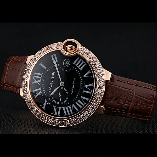 Cartier Ballon Bleu Diamond Case Black Dial Brown Leather Bracelet new60605