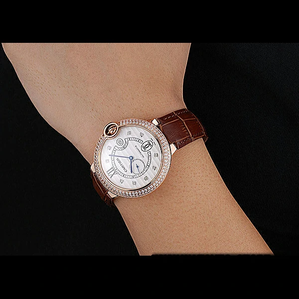 Cartier Ballon Bleu Diamond Case White Dial Brown Leather Bracelet new60604