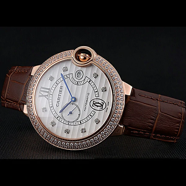Cartier Ballon Bleu Diamond Case White Dial Brown Leather Bracelet new60604