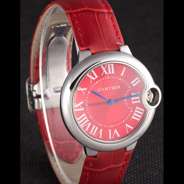 Cartier Ballon Bleu Silver Bezel with Red Dial and Red Leather Band new59646