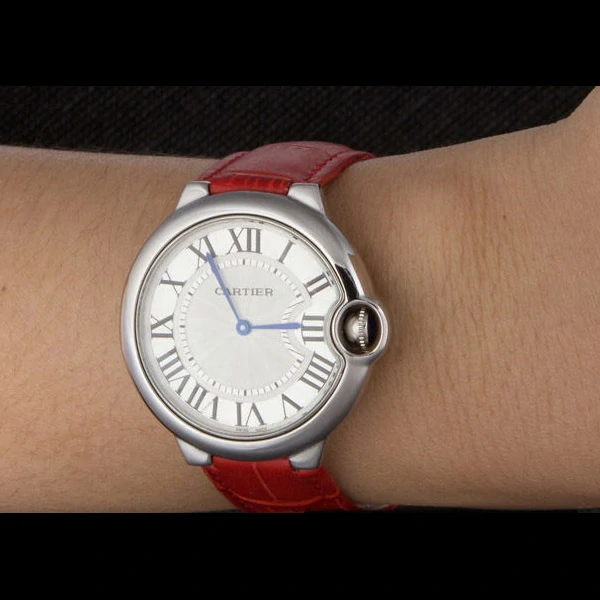 Cartier Ballon Bleu Silver Bezel with White Dial Red Leather Band new59641