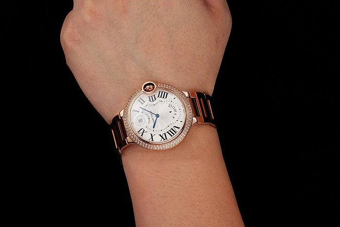 Cartier Ballon Bleu Two Timezone White Dial Diamond Case Rose Gold Bracelet new124489