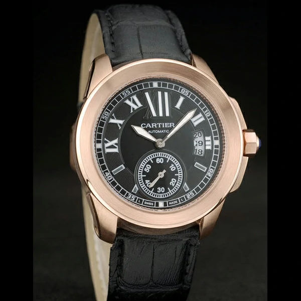 Cartier Calibre Black Dial Gold Case Black Leather Bracelet new58881