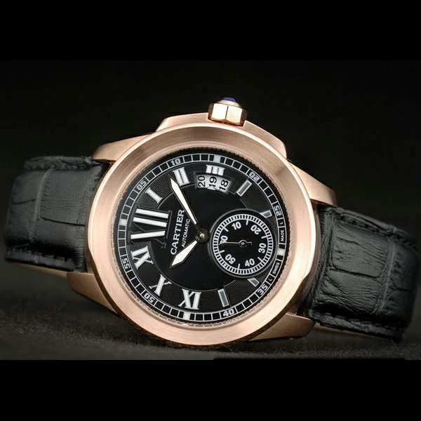 Cartier Calibre Black Dial Gold Case Black Leather Bracelet new58881