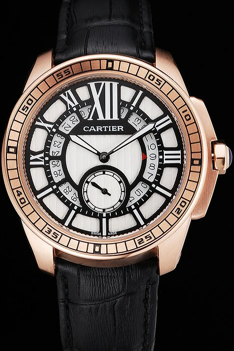 Cartier Calibre De Cartier Small Seconds Black And White Dial Rose Gold Case Black Leather Strap new122912