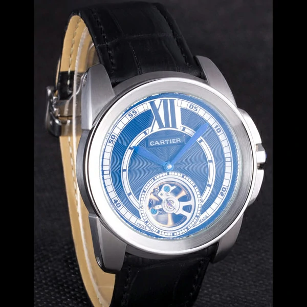 Cartier Calibre Flying Tourbillon Black Dial Stainless Steel Case Black Leather Bracelet new58102