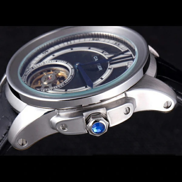 Cartier Calibre Flying Tourbillon Black Dial Stainless Steel Case Black Leather Bracelet new58102