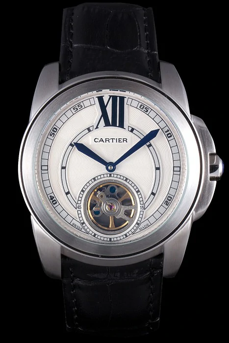 Cartier Calibre Flying Tourbillon White Dial Stainless Steel Case Black Leather Bracelet new56332