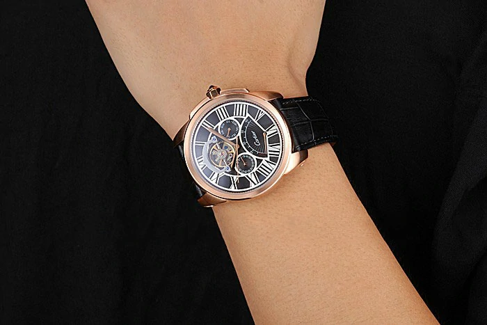 Cartier Calibre Tourbillon Black Dial Gold Case Black Leather Strap new120725
