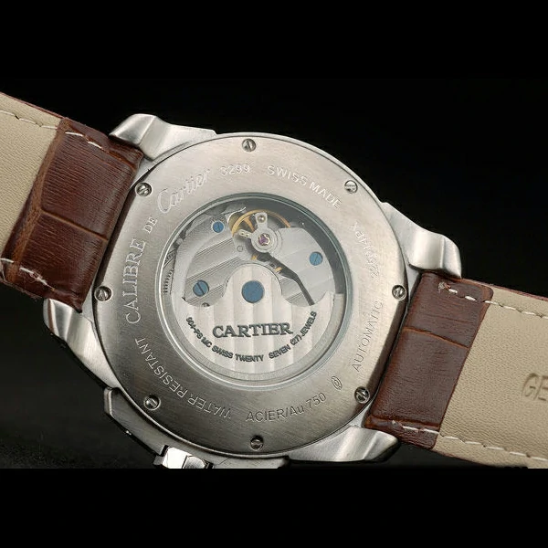 Cartier Calibre White Dial Diamonds Two Tone Case Brown Leather Bracelet new58882