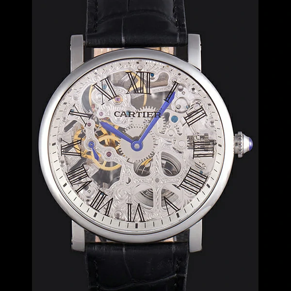 Cartier Luxury Skeleton Watch with Silver Bezel and Black Leather Band new59649