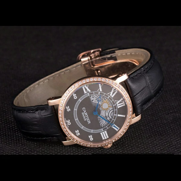 Cartier Moonphase Rose Gold Watch with Black Leather Band new59456