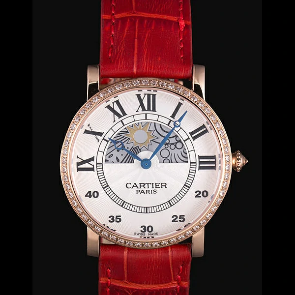 Cartier Moonphase Rose Gold Watch with Red Leather Band new59458