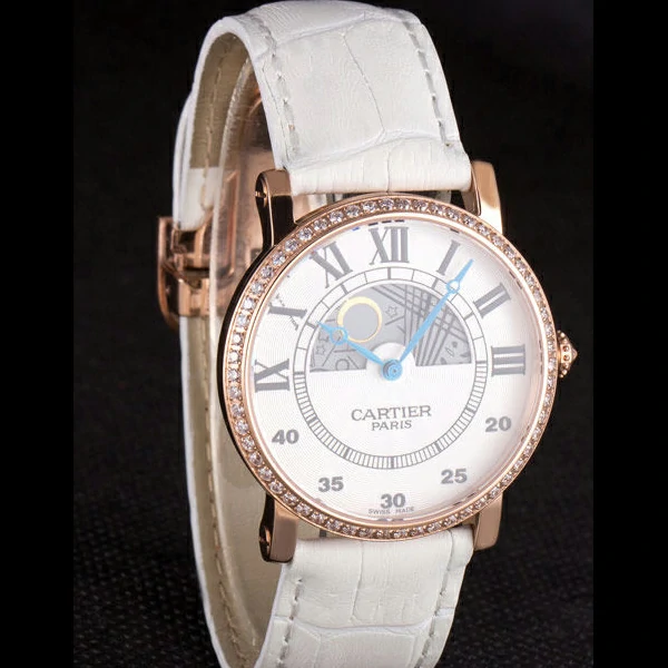 Cartier Moonphase Rose Gold Watch with White Leather Band new59459