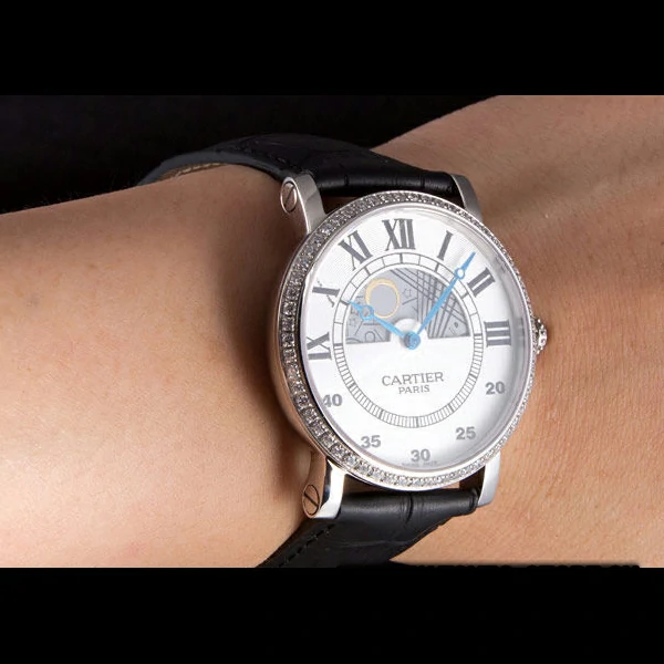 Cartier Moonphase Silver Watch with Black Leather Band new59460