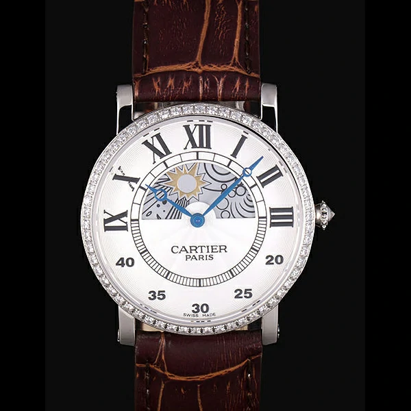 Cartier Moonphase Silver Watch with Brown Leather Band new59461