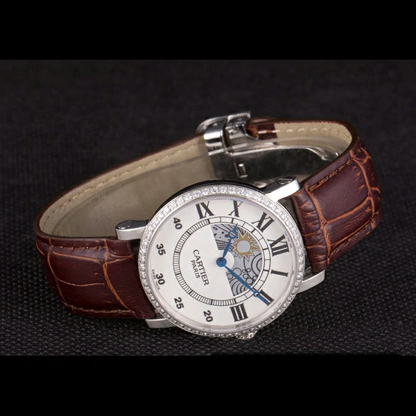 Cartier Moonphase Silver Watch with Brown Leather Band new59461