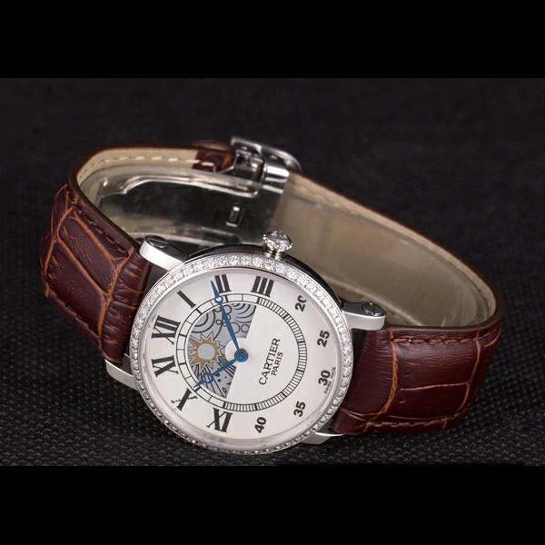 Cartier Moonphase Silver Watch with Brown Leather Band new59461